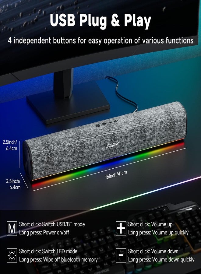 مكبرات صوت بلوتوث للكمبيوتر من SOULION R100 مع إضاءة LED ديناميكية، مكبرات صوت USB سهلة التوصيل والتشغيل مع زر تشغيل، مكبر صوت واضح لشاشة الكمبيوتر المكتبي أو المحمول (محول USB-C إلى USB مرفق) - Image 2