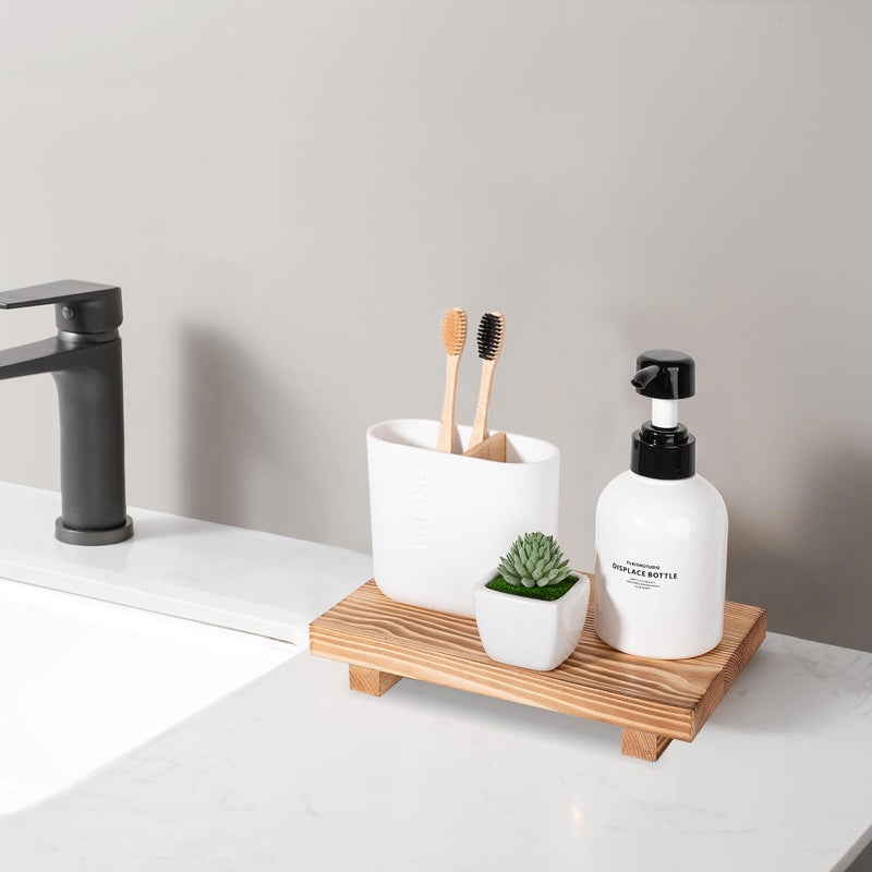 zoocatia Bathroom Counter Organizer Wood Pedestal Stand Farmhouse Decorative Tray Soap Holder for Kitchen Decor, 9" x 6" - Brown - Image 3