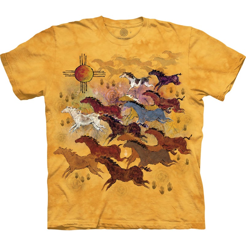 The Mountain Horses and Sun Shirt for Men, Animal Graphic Tees Men, Western Nature Oversized Casual T-Shirt, L Gold - Image 1