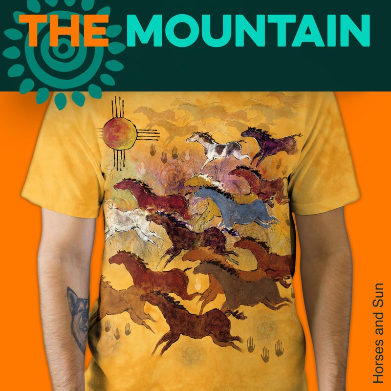 The Mountain Horses and Sun Shirt for Men, Animal Graphic Tees Men, Western Nature Oversized Casual T-Shirt, L Gold - Image 2