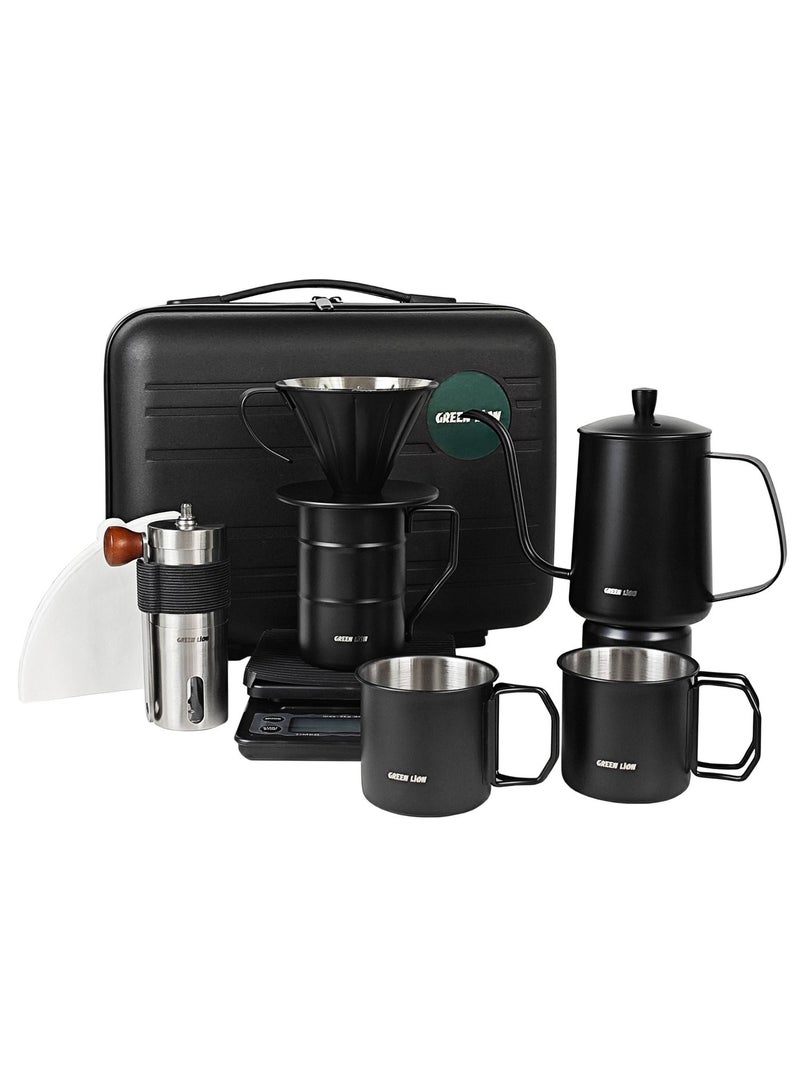 GREEN LION 7-in-1 Coffee Marker Set, Pour-over Coffee Kit with Adjustable Grinder, Pour-over Dripper, Gooseneck Kettle, 2 Stainless Steel Cups, Precision Scale, 100 Paper Filters, Travel Case - Image 1