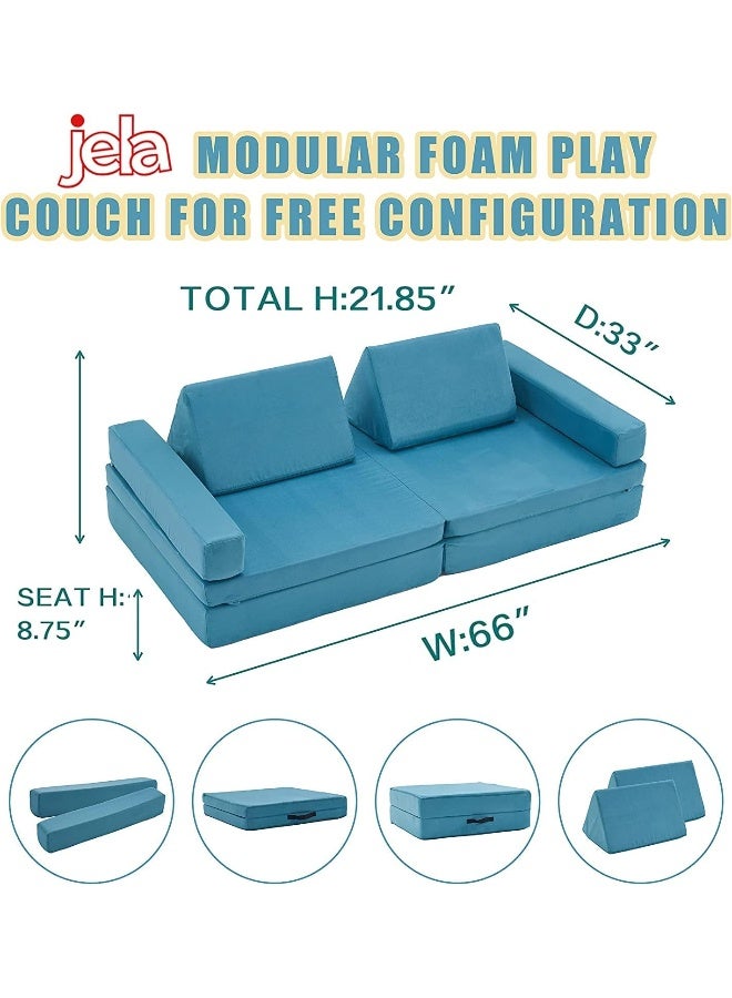 Jela Kids Modular Play Couch - Extended Size 8PCS, Floor Sofa for Family, Toddlers & Babies - 66" x 33" x 22" Light Blue - Image 3