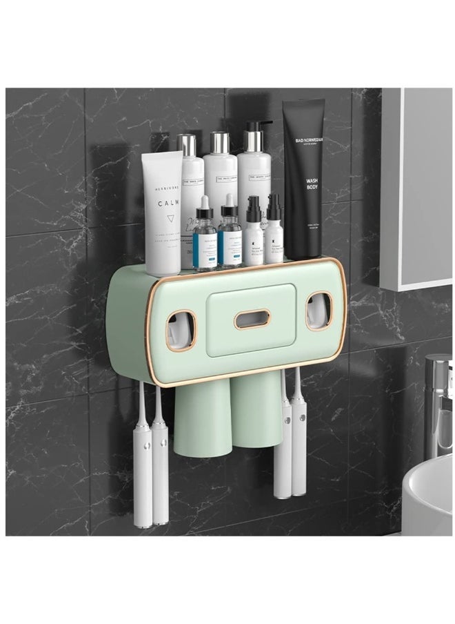 Wall Mounted Toothbrush Holder with Toothpaste Dispenser, 2 Cup Capacity Bathroom Organizer, Green Cosmetic Drawer for Easy Access