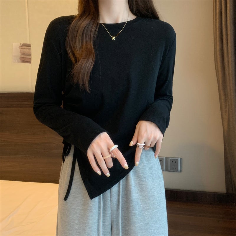 Korean-style All-match Long-sleeved T-shirt Womens Spring 2024 New Design Sense Drawstring Irregular Slim-fit Clothes Brown - Image 4