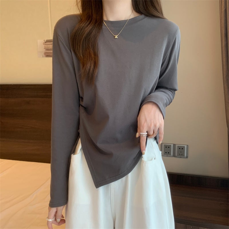 Korean-style All-match Long-sleeved T-shirt Womens Spring 2024 New Design Sense Drawstring Irregular Slim-fit Clothes Brown - Image 2