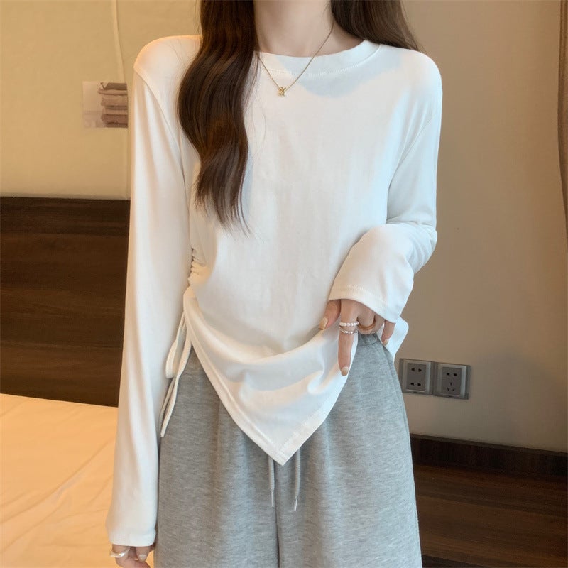Korean-style All-match Long-sleeved T-shirt Womens Spring 2024 New Design Sense Drawstring Irregular Slim-fit Clothes Brown - Image 5