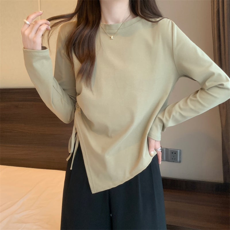 Korean-style All-match Long-sleeved T-shirt Womens Spring 2024 New Design Sense Drawstring Irregular Slim-fit Clothes Brown - Image 3