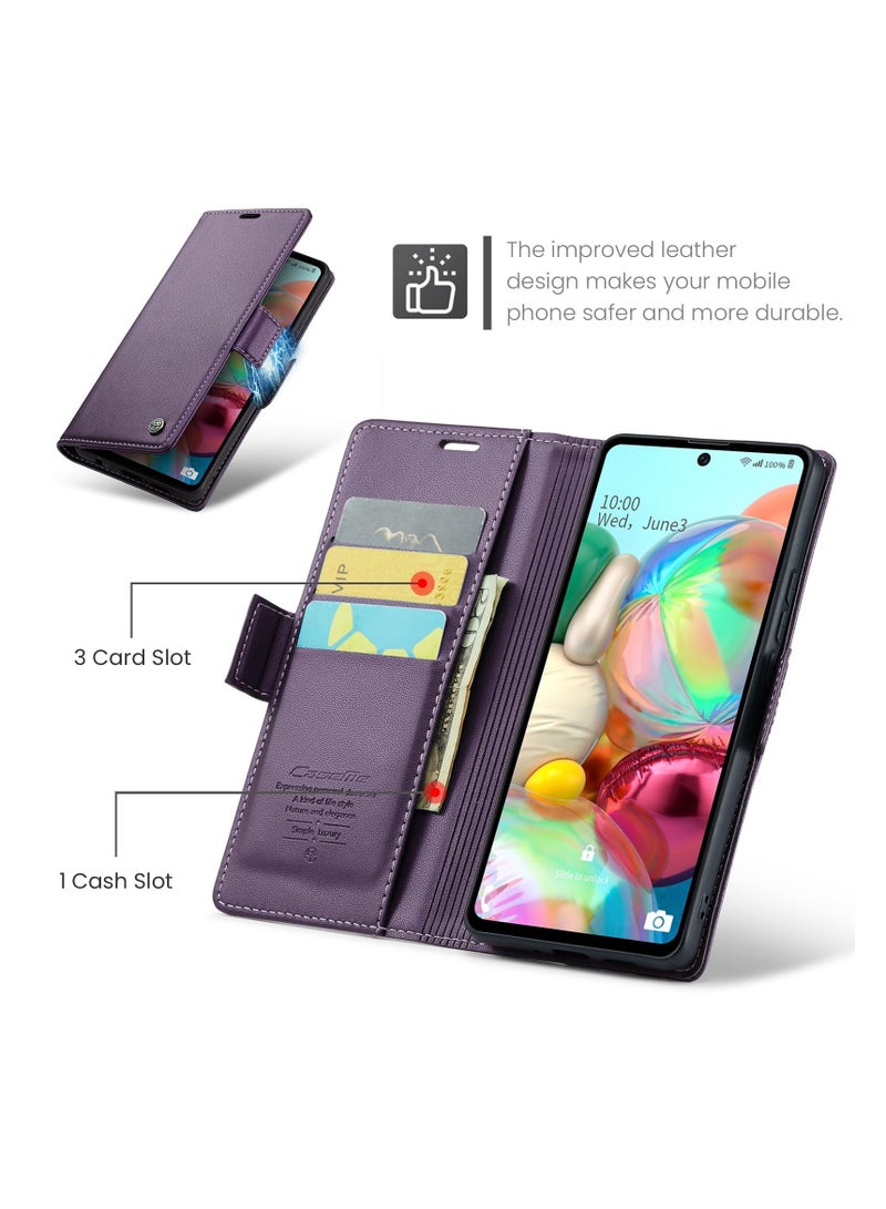CaseMe Phone Case Luxury PU Leather Design Anti Fingerprint 023 Flip Cover Card Slot Holder Cover For Samsung Galaxy A71 4G (Purple) - Image 3