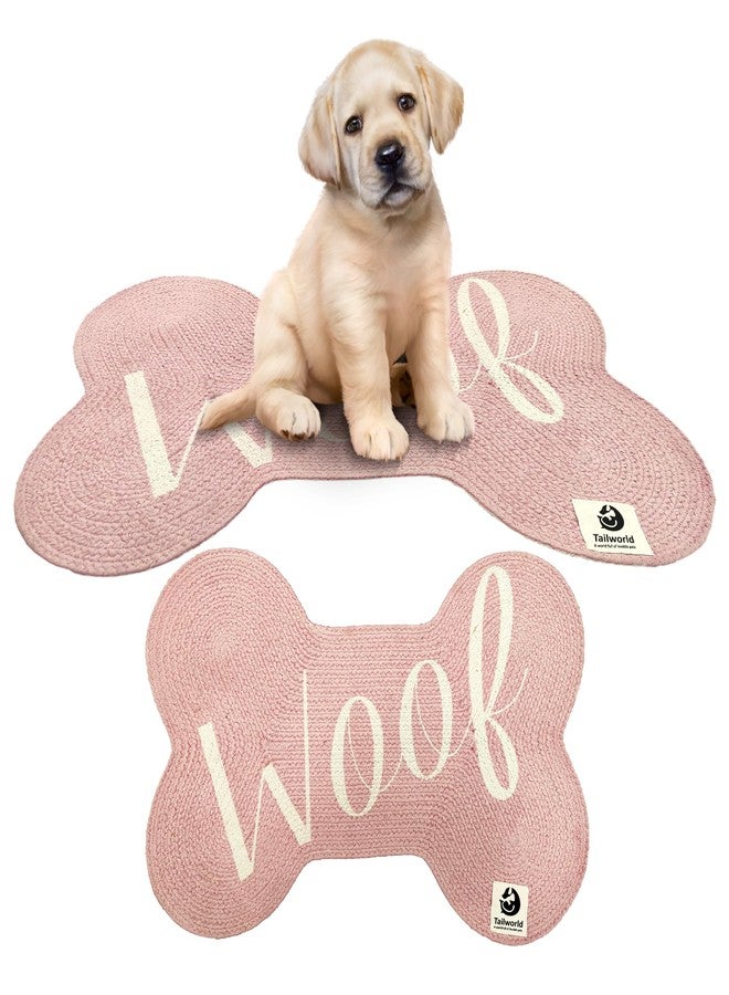 Tailworld Bone Shape Handwoven Woof Pet Mat for Dog & Cat|Hand Braided| Skin Friendly Food Mat| Floor Mat|Pet Area Carpet|Non-Slip Mat Indoor Outdoor Mat|60 * 40 CM| Pink - Image 1