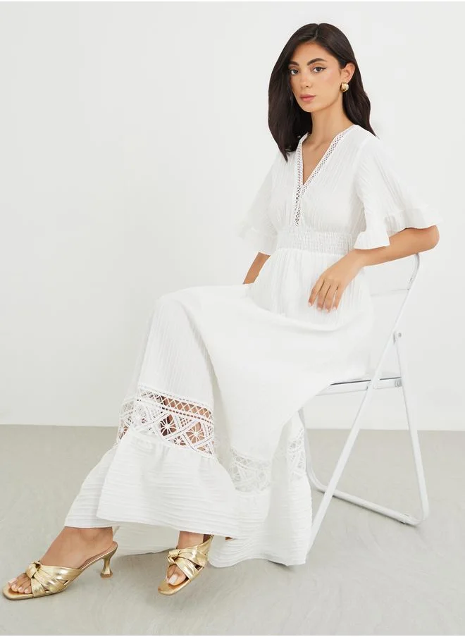 ستايلي Styli Lace Detail Short Sleeves A-Line Maxi Dress