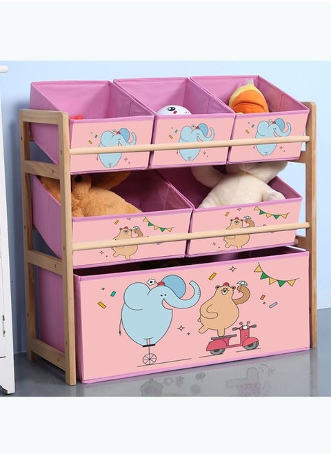Toy Box and Storage,Toy Organiser,3 Tier Children's Toy Storage Unit with 6 Pattern Canvas Bins Removable Boxes for Kids Room,Nursery Playroom Display Stand(Elephant)