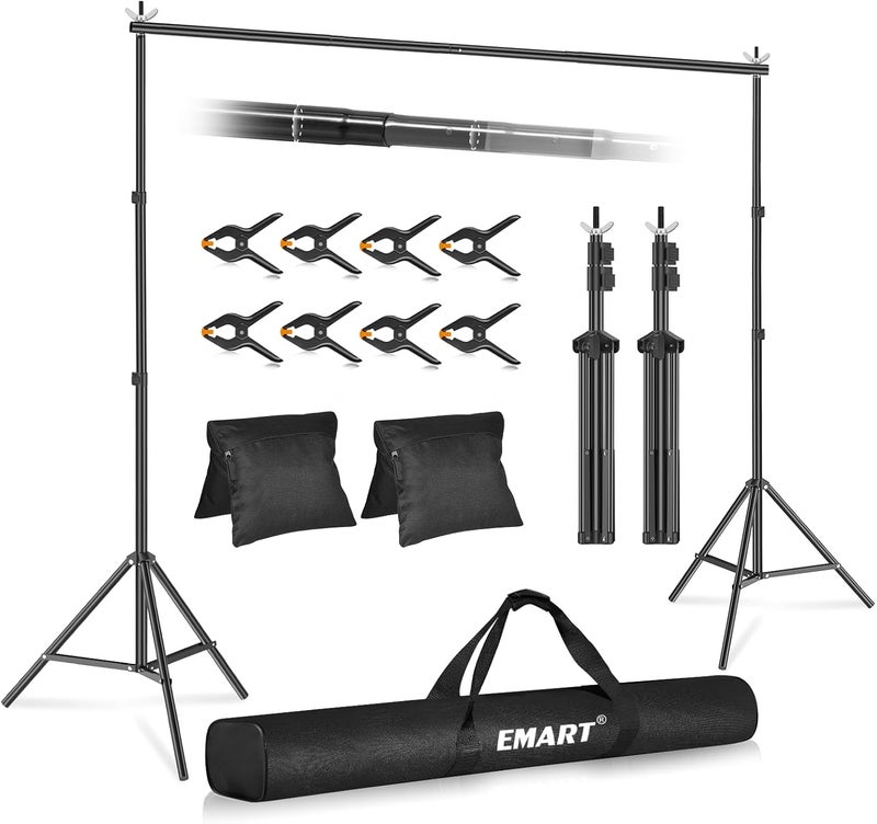 EMART Backdrop Stand 10x7.8ft(WxH) Photo Studio Adjustable Background Stand Support kit with 2 Crossbars, 8 Clamps, 2 Sandbags and Carry Bag for Parties, Events Decoration, Wedding, Photography - Image 1