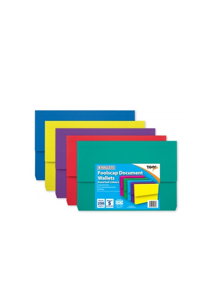 TIGER A4 Card Document Wallet - Pack 5 Bright Colours - Image 1