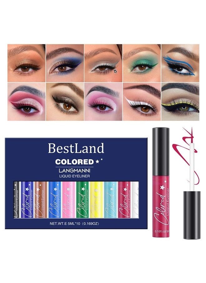 Bestland - 10 Colors Liquid Matte Eyeliner White Black Blue Brown Colored Eyeliner Liquid Liner Waterproof Bright Colorful Rainbow Eyeliner Pencil Quick Dry Eyes Makeup Kit (Matte Eyeliner) - Image 1
