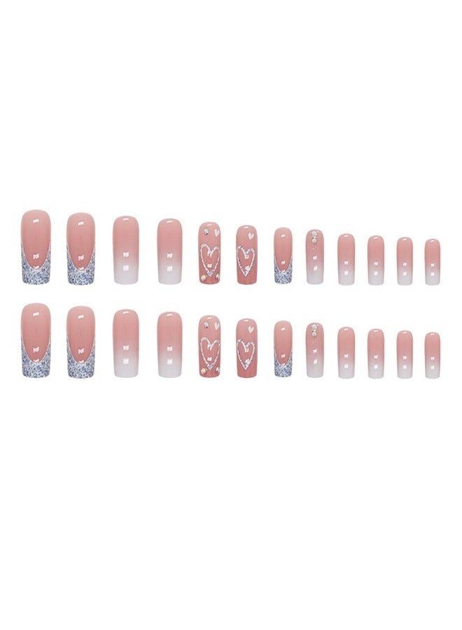 KRTBKR French Tip Press on Nails Medium Length Nude Pink Fake Nails Square Tip Glitter Designs Valentine's Day Nail Art Supplies Artificial Heart False Nails Glue on Nails for Women Acrylic Nails Decorations - Image 5