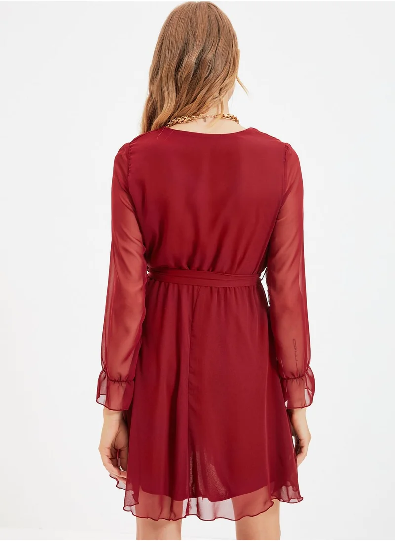 trendyol Sheer Sleeve Pleated Wrap Dress