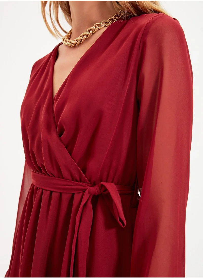 trendyol Sheer Sleeve Pleated Wrap Dress