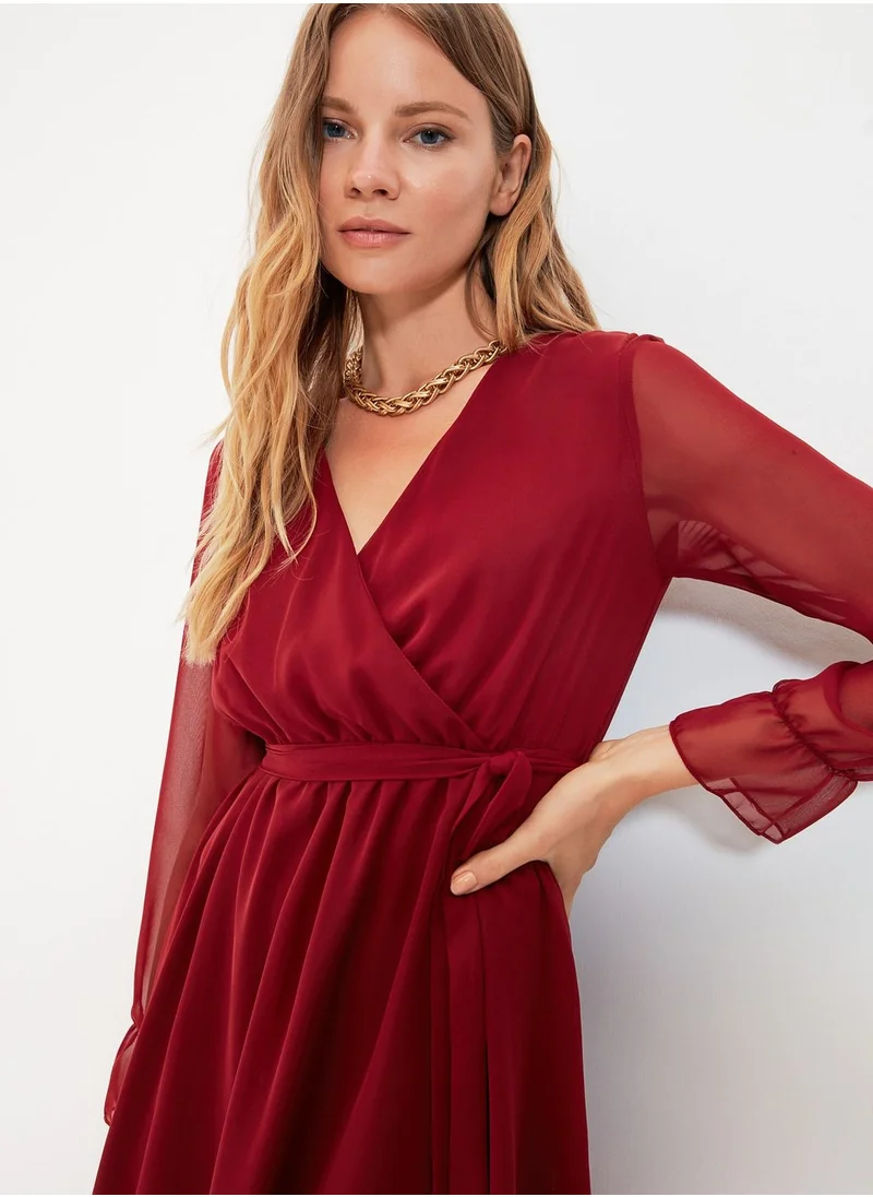 trendyol Sheer Sleeve Pleated Wrap Dress