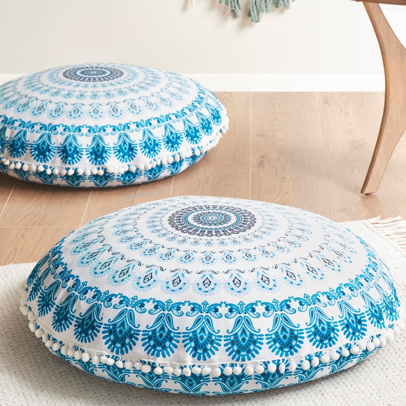 Codi Meditation Floor Pillow Set of 2 Round Large Pillows Seating for Adults Bohemian Mandala Circle Cushion for Outdoor Fireplace Yoga Living Room 32 Inch Memory Foam Added Aqua