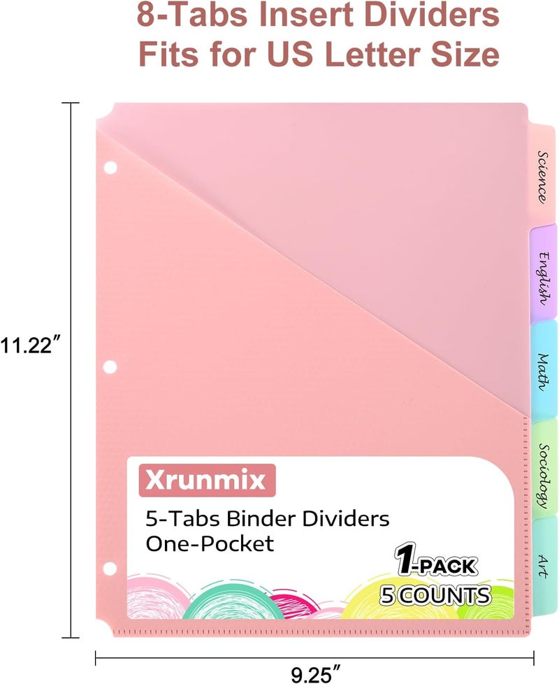 XRUNMIX 5 Tabs Dividers with One Pockets for 3 Ring Binder, 5 Counts Binder Dividers for US Letter Size, Binder Dividers with Tabs for School Office and Home Organization, 5 Pastel Color (6) - Image 2