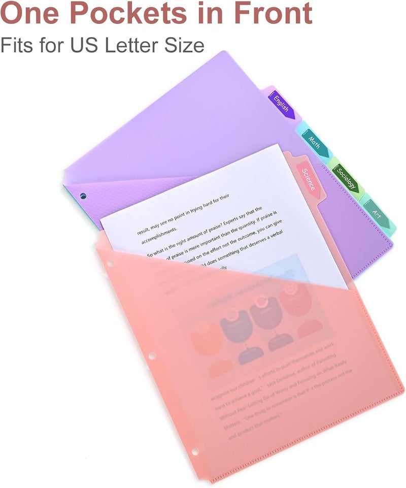 XRUNMIX 5 Tabs Dividers with One Pockets for 3 Ring Binder, 5 Counts Binder Dividers for US Letter Size, Binder Dividers with Tabs for School Office and Home Organization, 5 Pastel Color (6) - Image 5