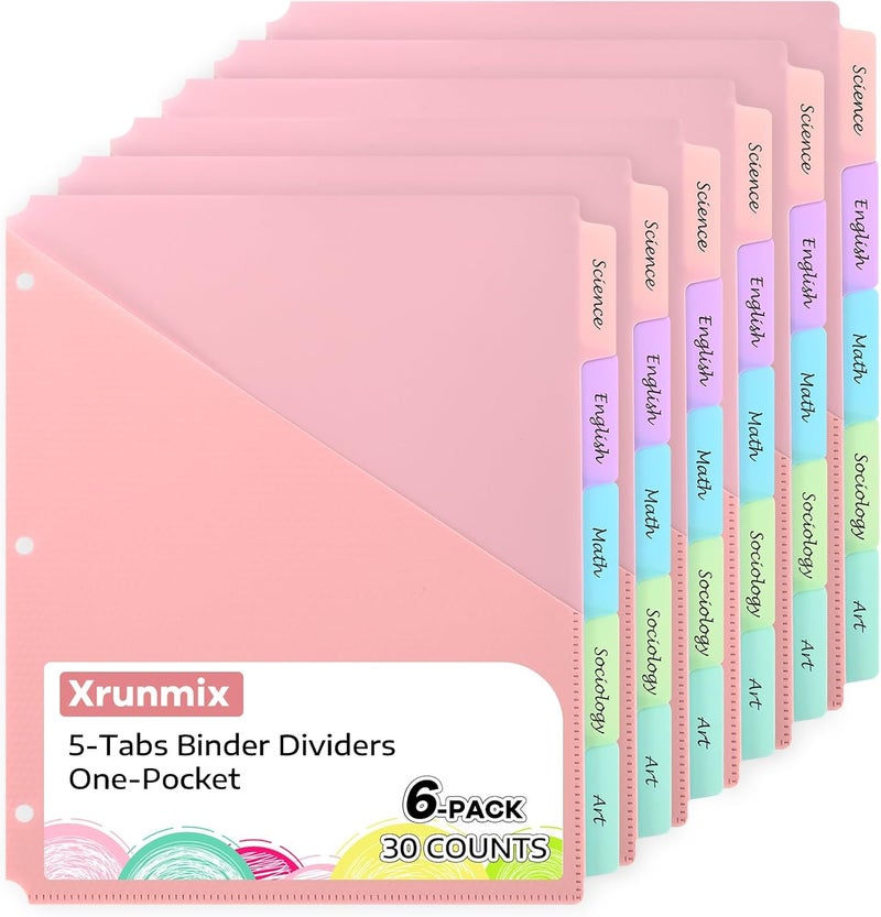 XRUNMIX 5 Tabs Dividers with One Pockets for 3 Ring Binder, 5 Counts Binder Dividers for US Letter Size, Binder Dividers with Tabs for School Office and Home Organization, 5 Pastel Color (6) - Image 1