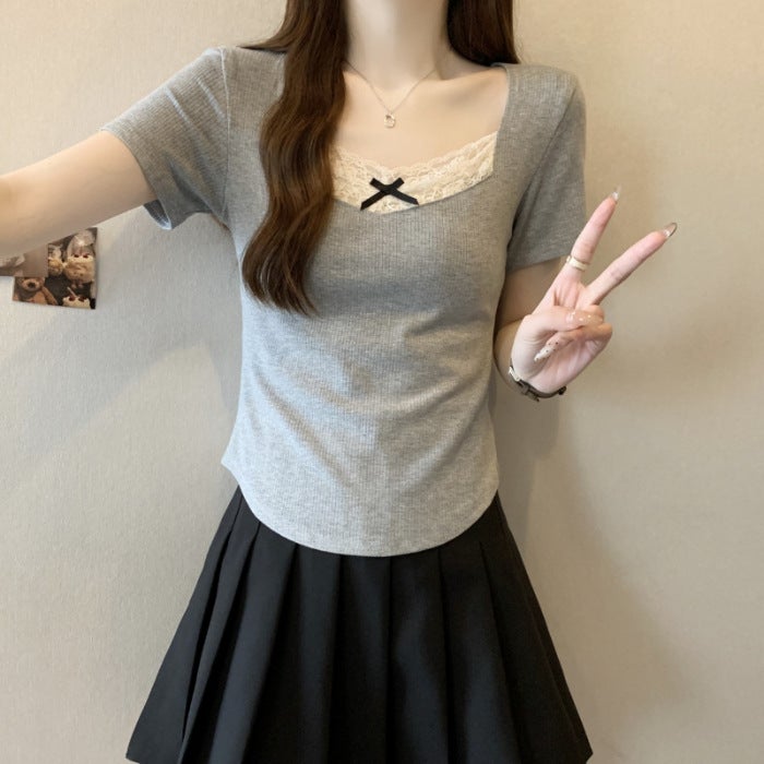 2025 Lace Bow Short-Sleeved T-Shirt Women'S Chic Niche Pure Cotton Top Sweet Fresh Instagram Style Trendy - Image 1