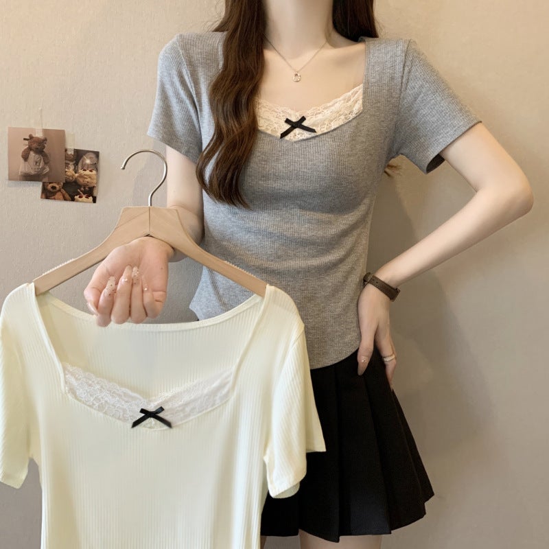 2025 Lace Bow Short-Sleeved T-Shirt Women'S Chic Niche Pure Cotton Top Sweet Fresh Instagram Style Trendy - Image 2