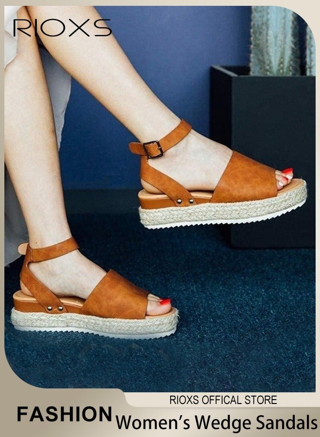 RIOXS Women's Hollow Roman Wedge Sandals Round Open Toe Sandals Summer Comfortable Buckle Sandals - Image 1