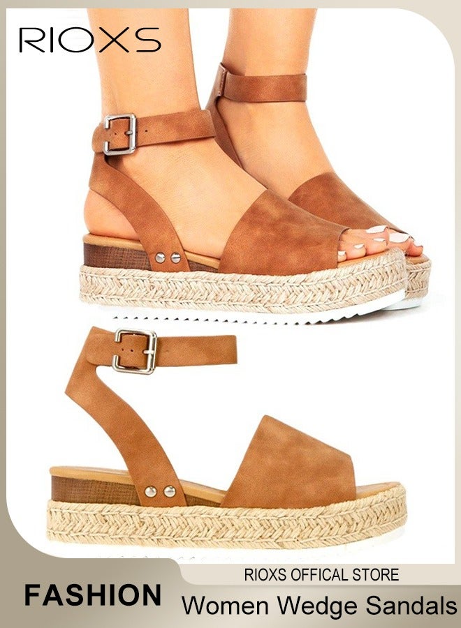 RIOXS Women's Hollow Roman Wedge Sandals Round Open Toe Sandals Summer Comfortable Buckle Sandals - Image 2