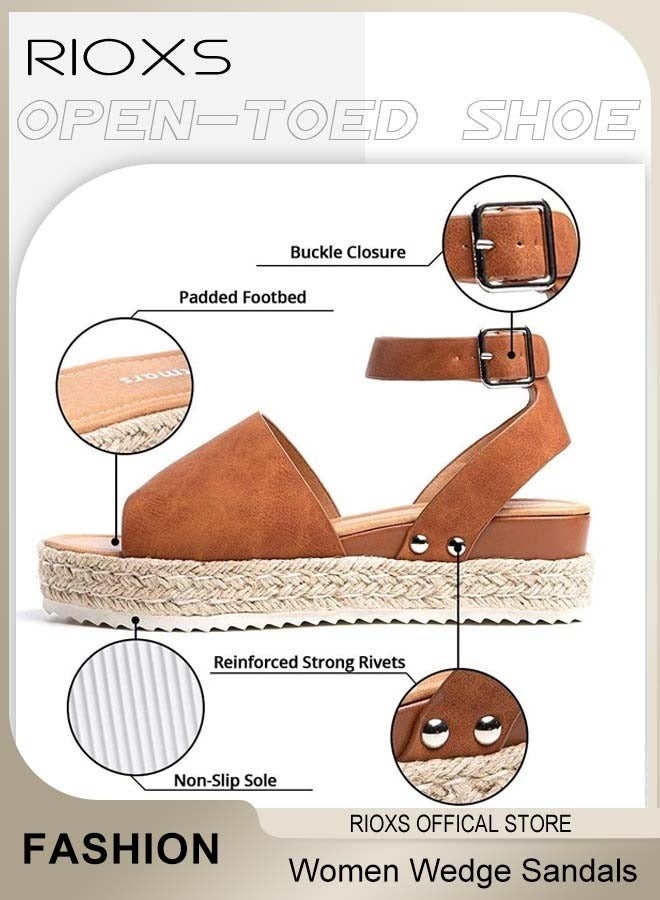 RIOXS Women's Hollow Roman Wedge Sandals Round Open Toe Sandals Summer Comfortable Buckle Sandals - Image 4