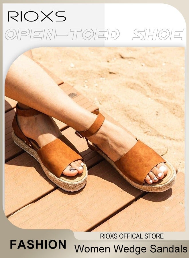 RIOXS Women's Hollow Roman Wedge Sandals Round Open Toe Sandals Summer Comfortable Buckle Sandals - Image 3