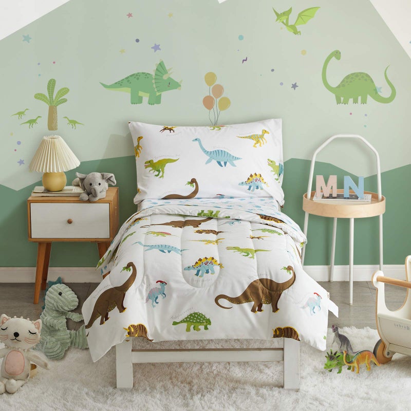 4 Pieces Toddler Bedding Set Dinosaur White with Colorful Dinos and Monsters Toddler Comforter Sheet Set for Autumu and Winter Includes Comforter Flat Sheet Fitted Sheet and Pillowcase