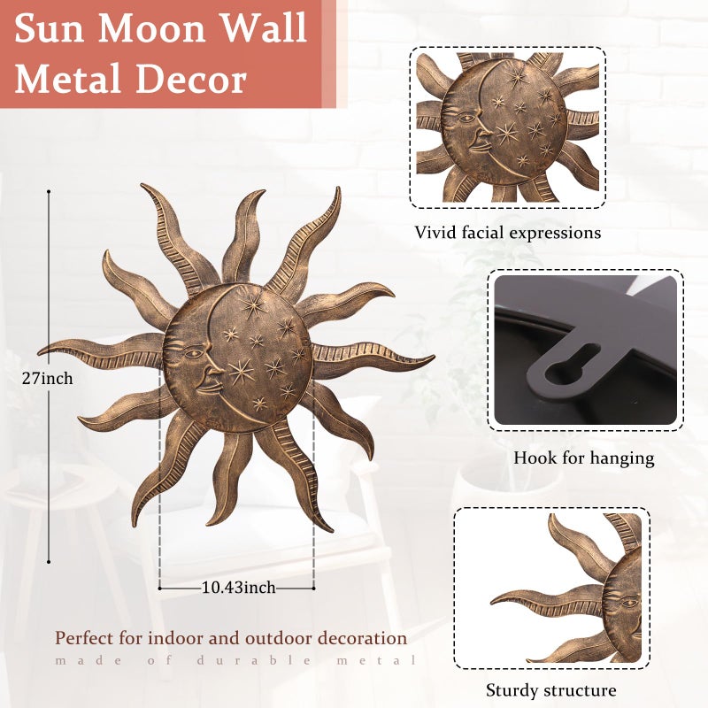 VCUTEKA 27" Sun Metal Wall Art Outdoor Decor Moon Wall Decoration Metal Wall Sculpture Hanging Garden Wall Art Wall Sculpture for Indoor Outdoor Patio Fence Decor Gold - Image 4