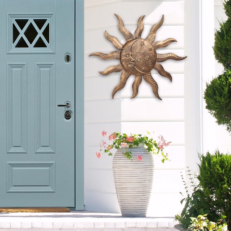 VCUTEKA 27" Sun Metal Wall Art Outdoor Decor Moon Wall Decoration Metal Wall Sculpture Hanging Garden Wall Art Wall Sculpture for Indoor Outdoor Patio Fence Decor Gold - Image 3