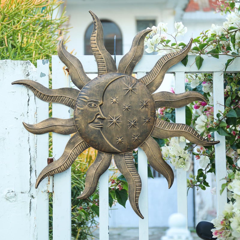 VCUTEKA 27" Sun Metal Wall Art Outdoor Decor Moon Wall Decoration Metal Wall Sculpture Hanging Garden Wall Art Wall Sculpture for Indoor Outdoor Patio Fence Decor Gold - Image 2