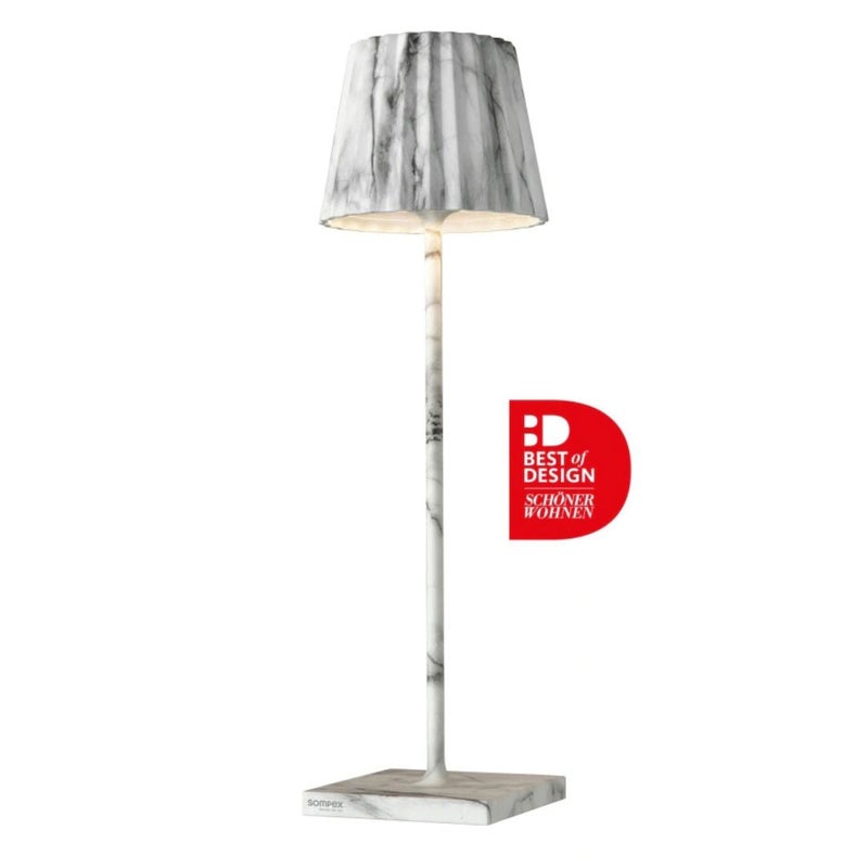 Sompex Troll 2.0 LED Table Lamp | IP54 (splash and dust proof) | 2 warm white light colours | Stepless touch dimmer | Wireless Indoor & Outdoor | Aluminium | Brightness memory | H 38 cm - White Marble - Image 1