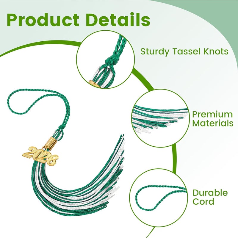 Royisafie 2026 Tassel Graduation with Gold Charm Green and White 2026 Tassel Charms for Graduation Cap for Decoration Memorial Tassels for Cap Decoration for Graduations Ceremony Gifts for Graduates - Image 3