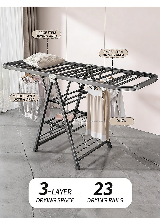 TaqwaMart Folding Clothes Rack with 4 Shoe Racks, Foldable Three-tier Clothes Rack, Independent Clothes Rack, 3-level Height Adjustment, Windproof, Suitable for Both Indoor and Outdoor Use, 170cm. - Image 2