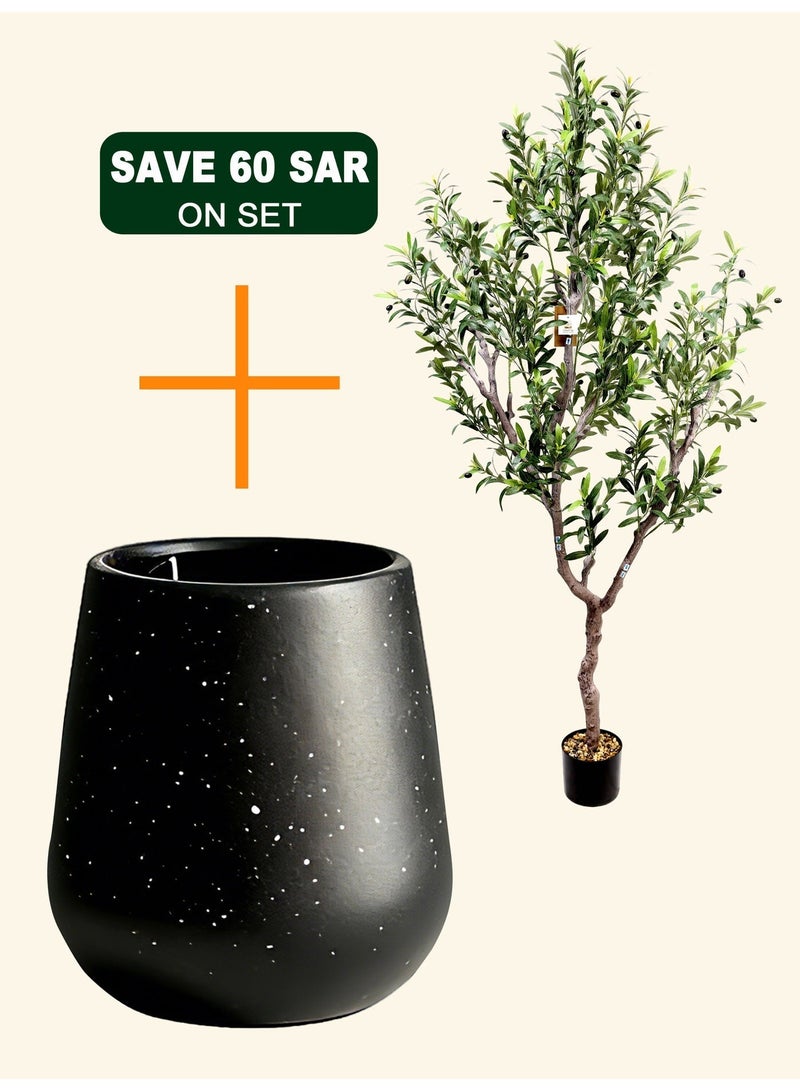 Minimalist Black Cement Planter (30×30.5cm) with Artificial Olive Tree (190cm) – Complete Indoor Styling Set for Modern Spaces - Image 1