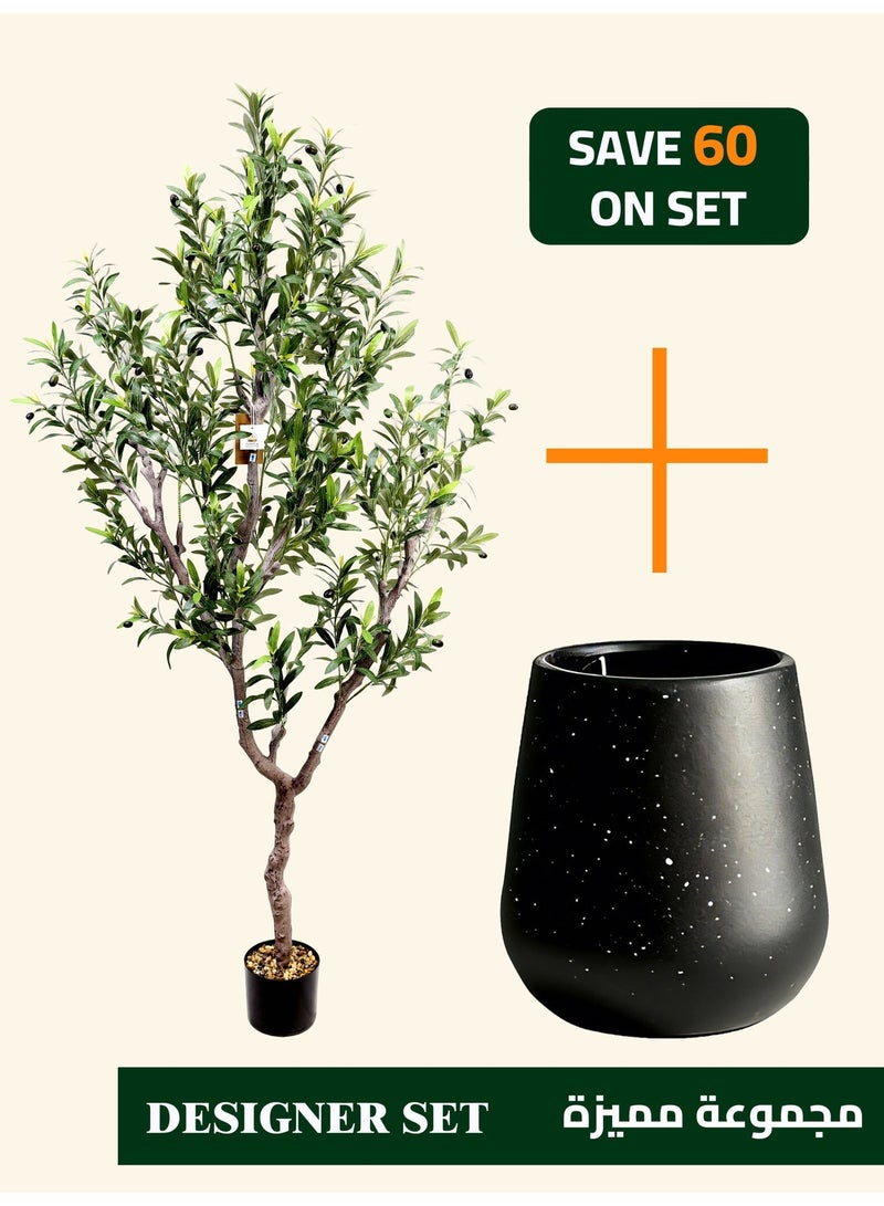 High-Quality Artificial Olive Tree (190cm) with Large Minimalist Magnesia Cement Planter (30×30.5cm) – Space-Defining Focal Point for Large Interiors - Image 1