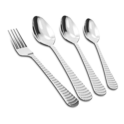 AXIOM Cutlery Set of 24 Pieces Stainless Steel Premium Silverware (6 Dessert Spoon, 6 Dessert Fork, 6 Tea Spoon, 6 Baby Spoon) Hammered Flatware Utensil for Multi-Purpose Usage and Various Sizes - Image 1