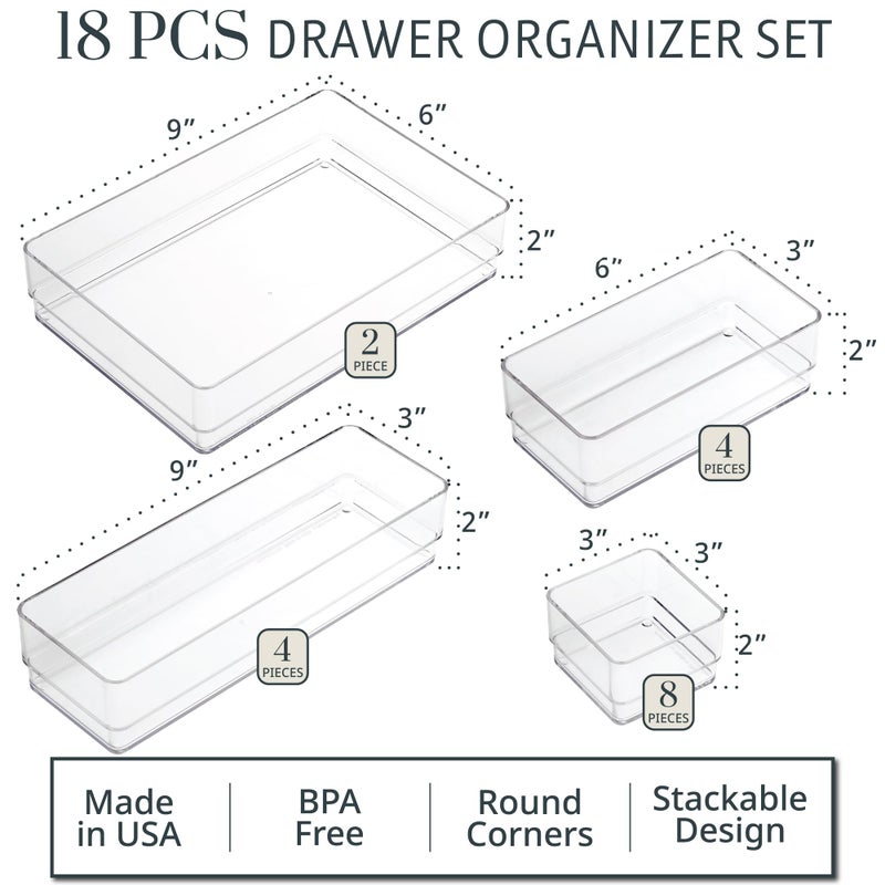 STORi SimpleSort 18-Piece Stackable Clear Drawer Organizer Set | Multi-size Trays | Makeup Vanity Storage Bins and Office Desk Drawer Dividers | Made in USA - Image 2