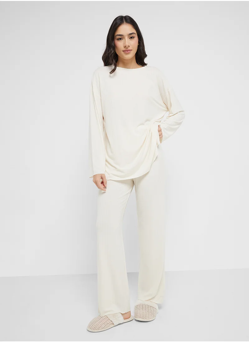 جينجر Ribbed T-Shirt & Pyjama Lounge Set