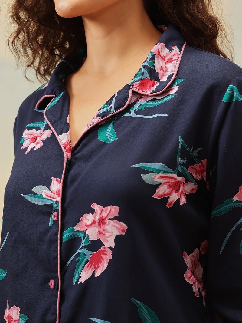 Clovia Women's Crepe Pretty Florals Button Me Up Shirt & Pyjama Set (LS0385M08_Blue_S) - Image 5
