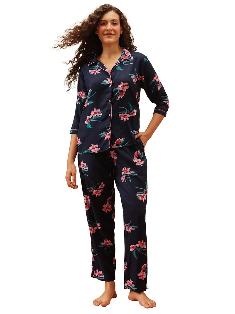 Clovia Women's Crepe Pretty Florals Button Me Up Shirt & Pyjama Set (LS0385M08_Blue_S) - Image 1