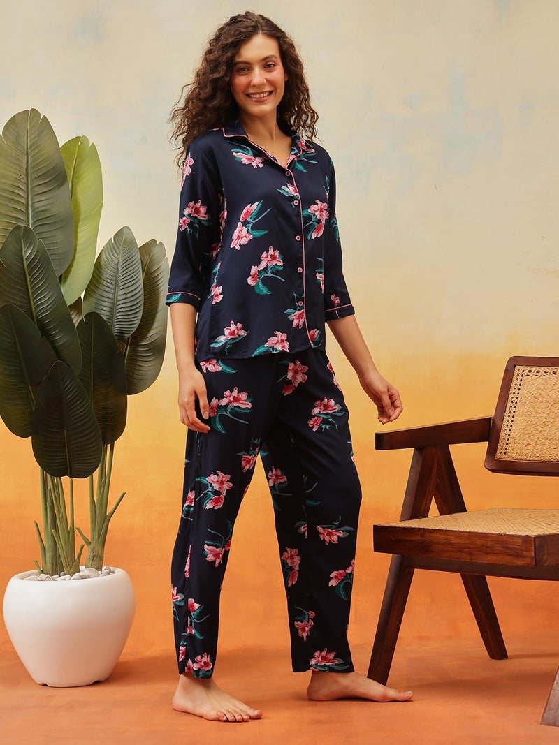 Clovia Women's Crepe Pretty Florals Button Me Up Shirt & Pyjama Set (LS0385M08_Blue_S) - Image 2