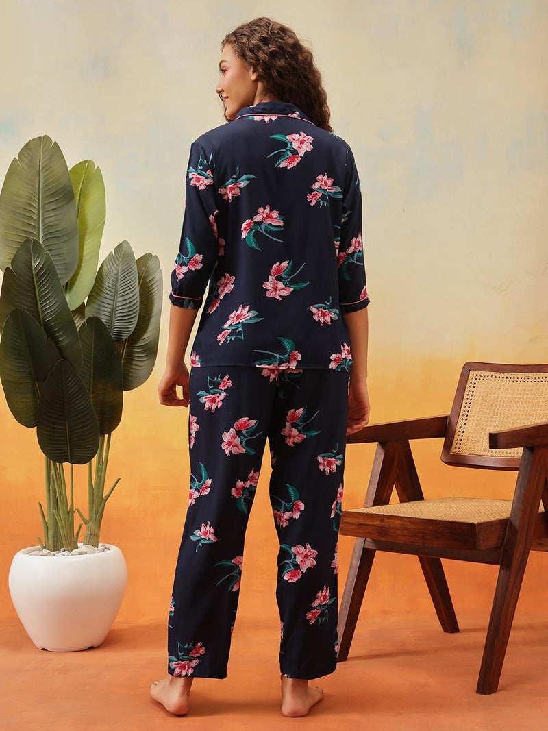 Clovia Women's Crepe Pretty Florals Button Me Up Shirt & Pyjama Set (LS0385M08_Blue_S) - Image 3