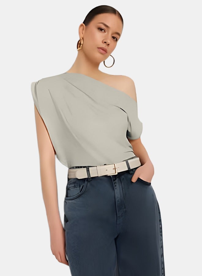 trendyol Regular/Normal Fit Asymmetrical Neckline Zero Sleeve Stretchy Knitted Blouse with Snap Fasteners 