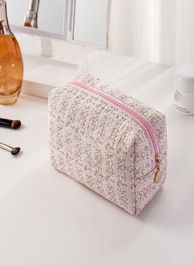 WHHJM Cute Floral Makeup Bag Small Cotton Quilted Cosmetic Bag, Aesthetic Essential Bag Emergency Bag Gift for Women Girls Travel Accessories (Pink Floral) - Image 5